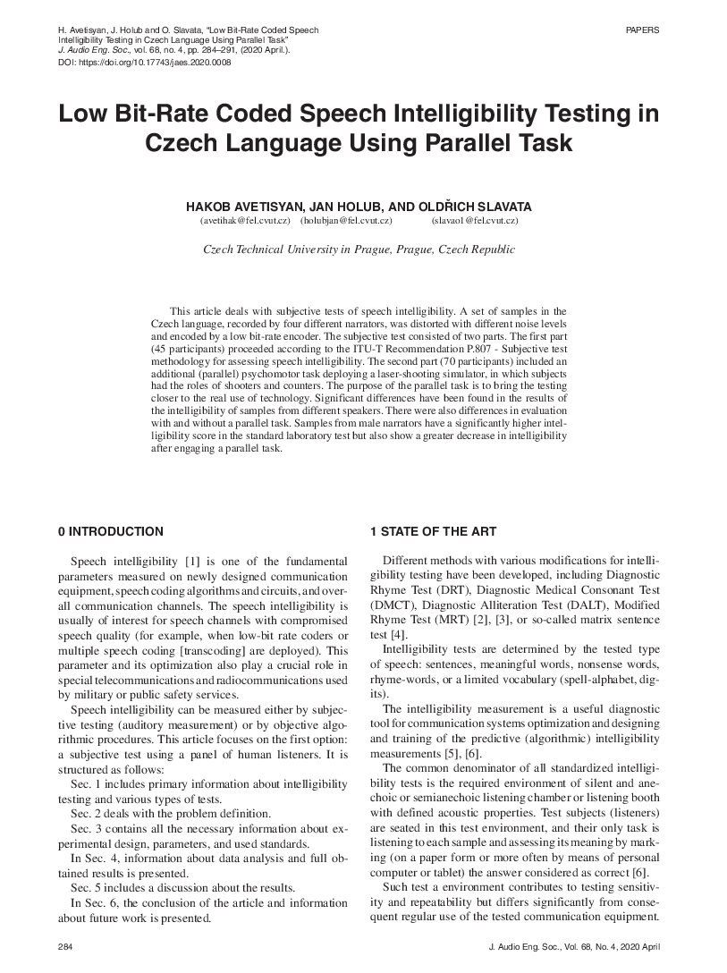 First page of “Low Bit-Rate Coded Speech Intelligibility Testing in Czech Language Using Parallel Task”