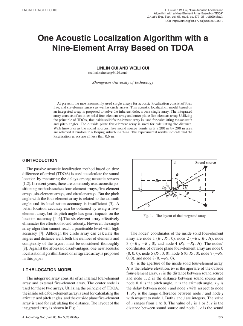 First page of “One Acoustic Localization Algorithm with a Nine-Element Array Based on TDOA”