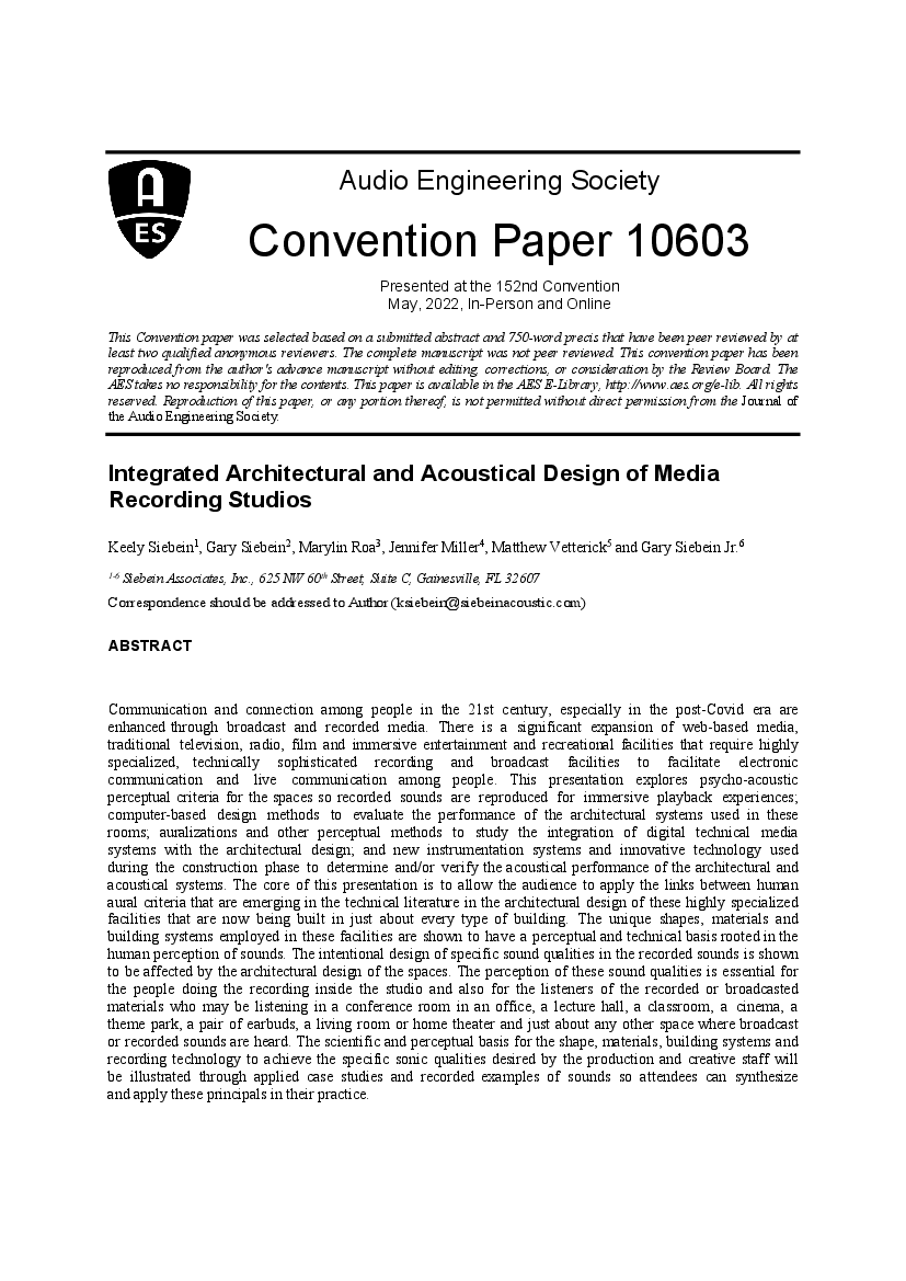 First page of “Integrated Architectural and Acoustical Design of Media Recording Studios”