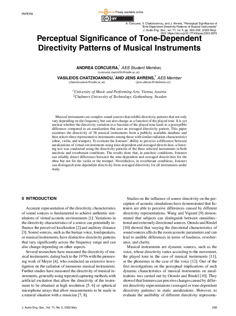 First page of “Perceptual Significance of Tone-Dependent Directivity Patterns of Musical Instruments”