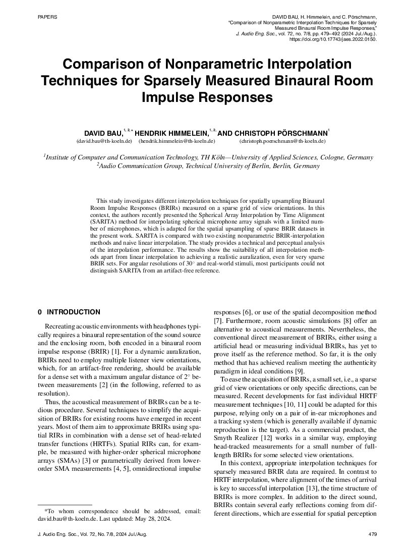 First page of “Comparison of Nonparametric Interpolation Techniques for Sparsely Measured Binaural Room Impulse Responses”