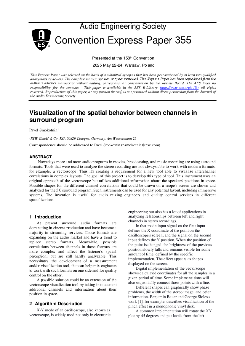 First page of “Visualization of the spatial behavior between channels in surround program”