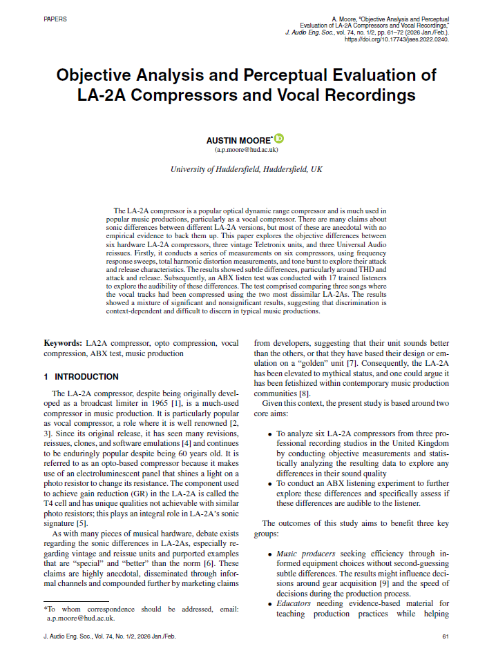First page of “Objective Analysis and Perceptual Evaluation of LA-2A Compressors and Vocal Recordings”