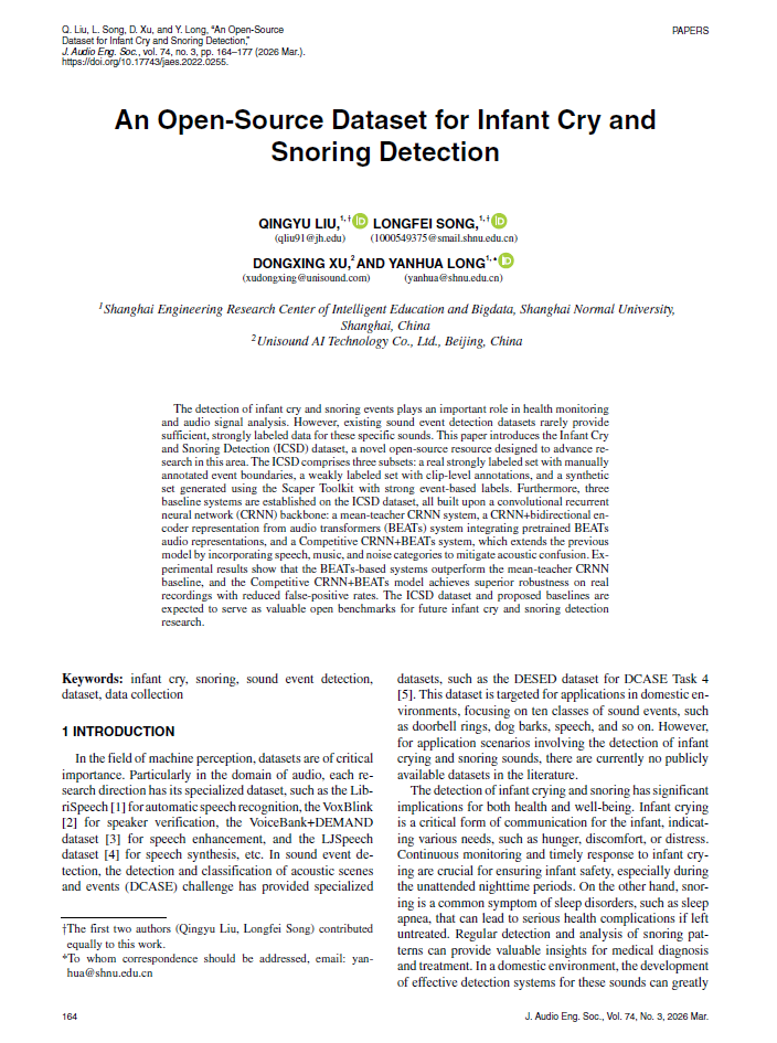 First page of “An Open-Source Dataset for Infant Cry and Snoring Detection”