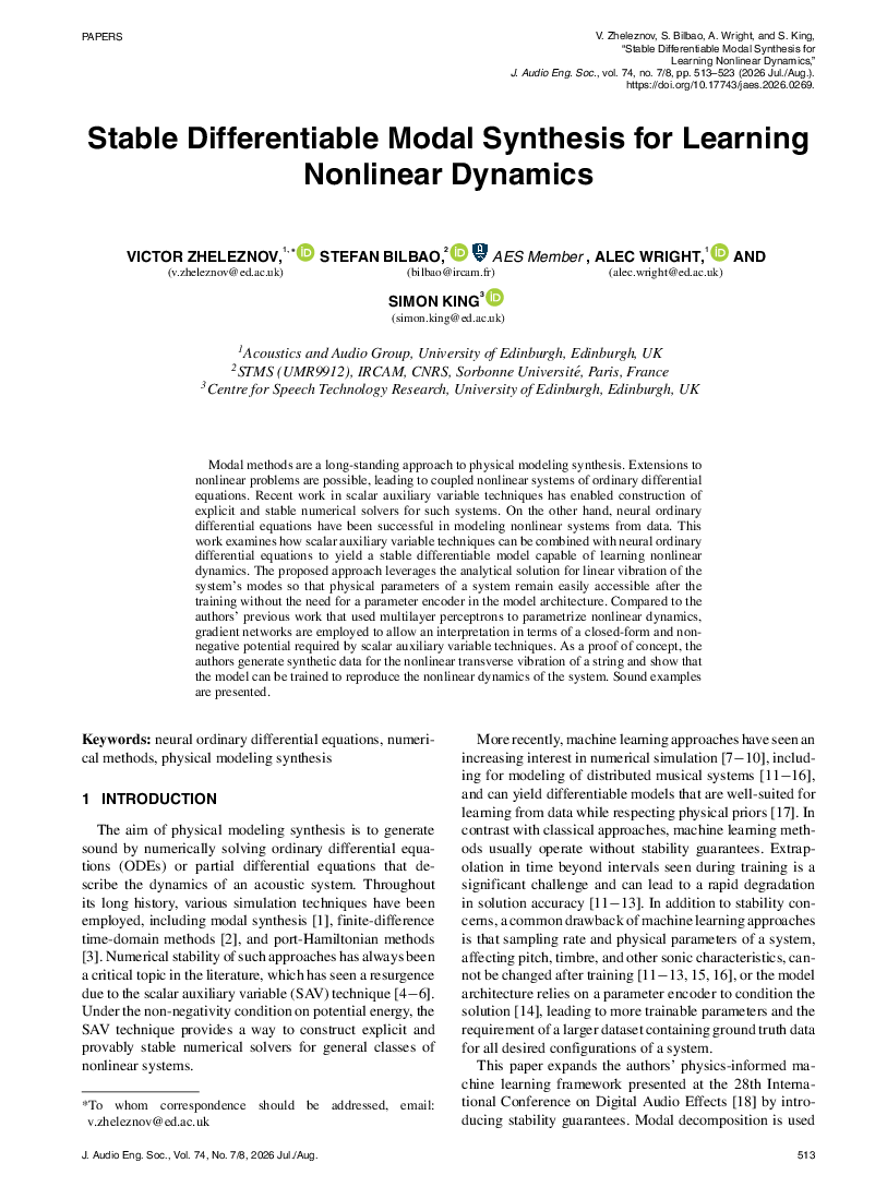 First page of “Stable Differentiable Modal Synthesis for Learning Nonlinear Dynamics”