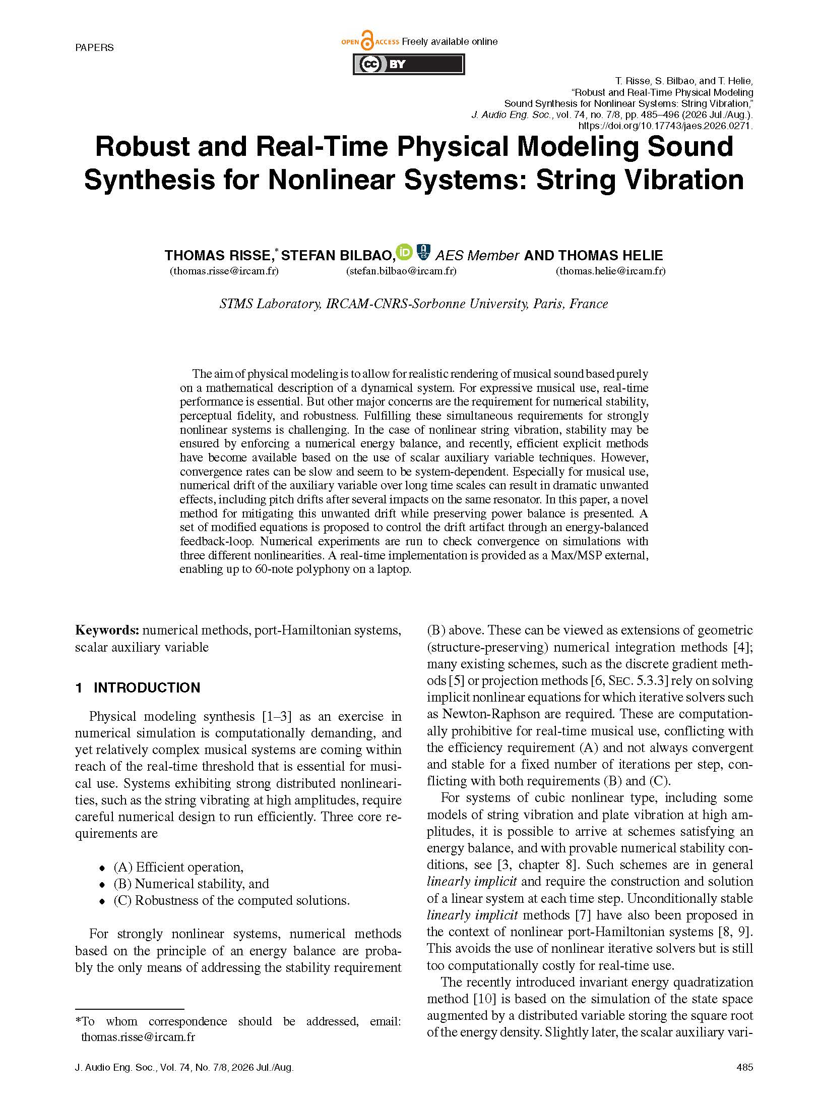 First page of “Robust and Real-Time Physical Modeling Sound Synthesis for Nonlinear Systems: String Vibration”