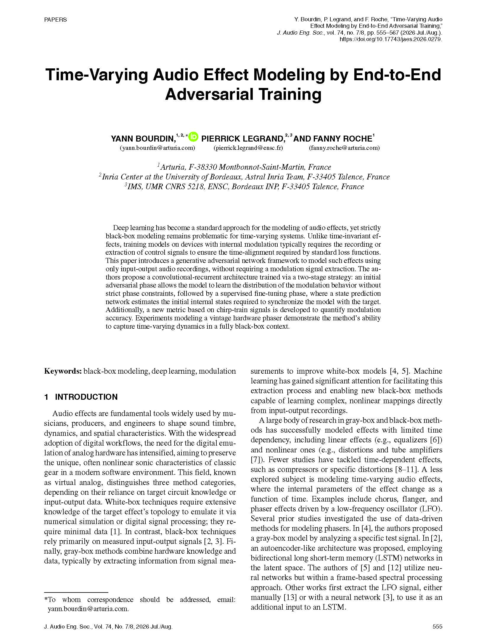 First page of “Time-Varying Audio Effect Modeling by End-to-End Adversarial Training”