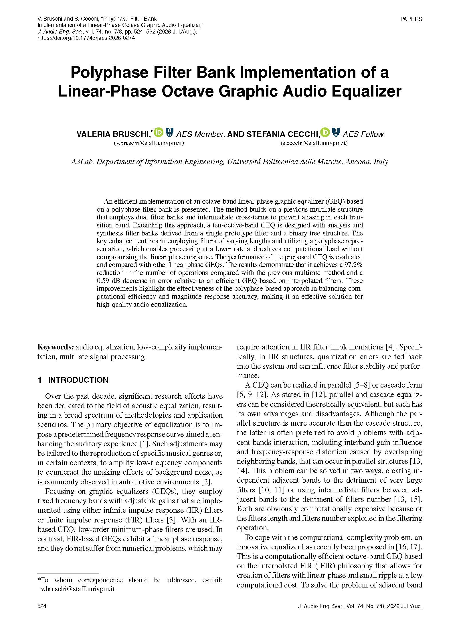 First page of “Polyphase Filter Bank Implementation of a Linear-Phase Octave Graphic Audio Equalizer”