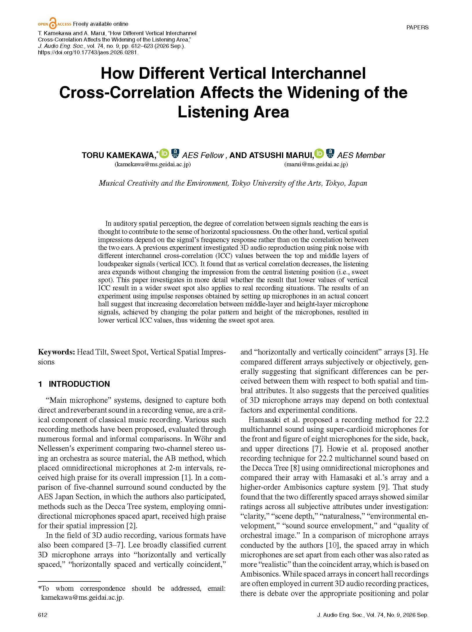 First page of “How Different Vertical Interchannel Cross-Correlation Affects the Widening of the Listening Area”