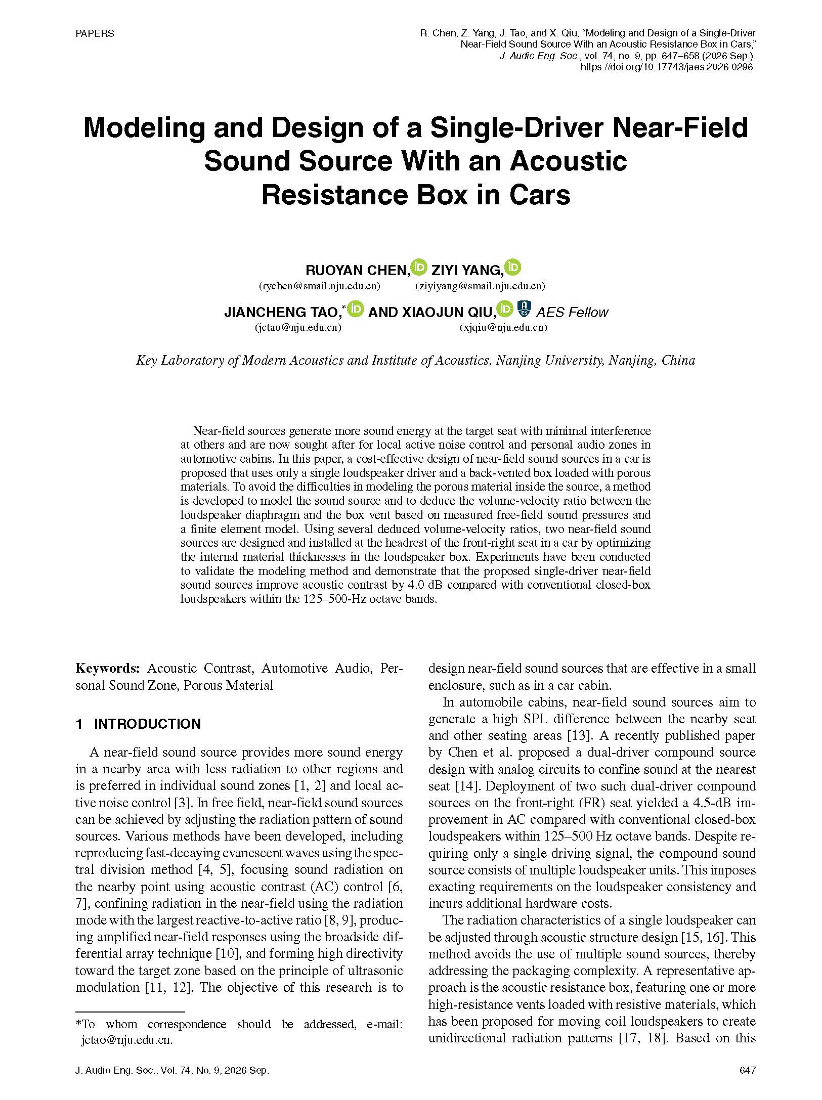 First page of “Modeling and Design of a Single-Driver Near-Field Sound Source With an Acoustic Resistance Box in Cars”
