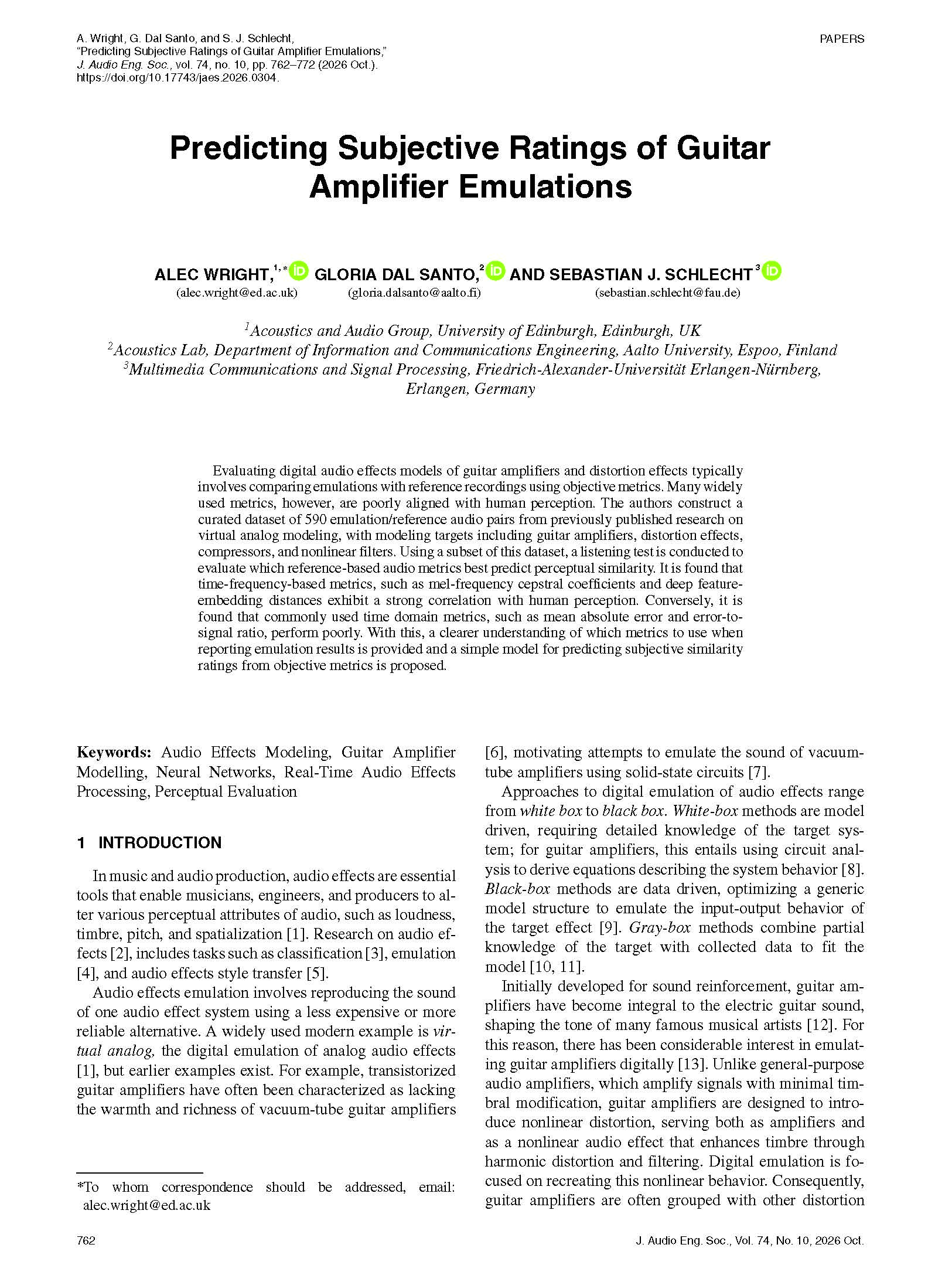 First page of “Predicting Subjective Ratings of Guitar Amplifier Emulations”