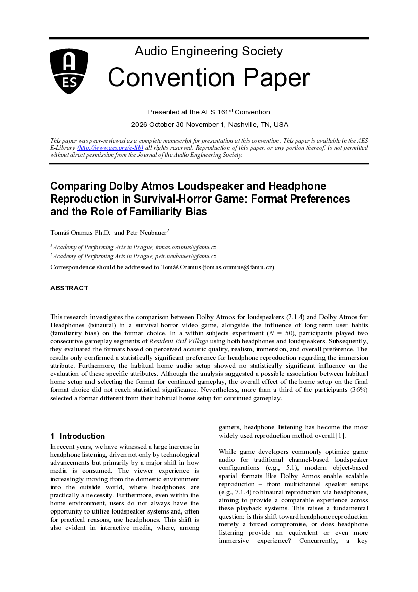 First page of “Comparing Dolby Atmos Loudspeaker and Headphone Reproduction in Survival-Horror Game: Format Preferences and the Role of Familiarity Bias”