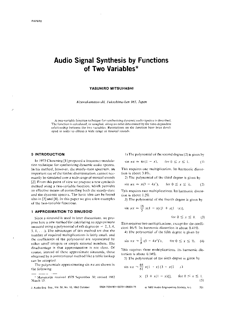 First page of “Audio Signal Synthesis by Functions of Two Variables”