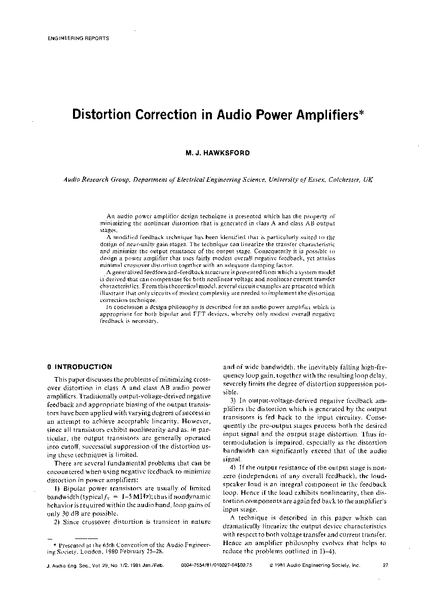 First page of “Distortion Correction in Audio Power Amplifiers”