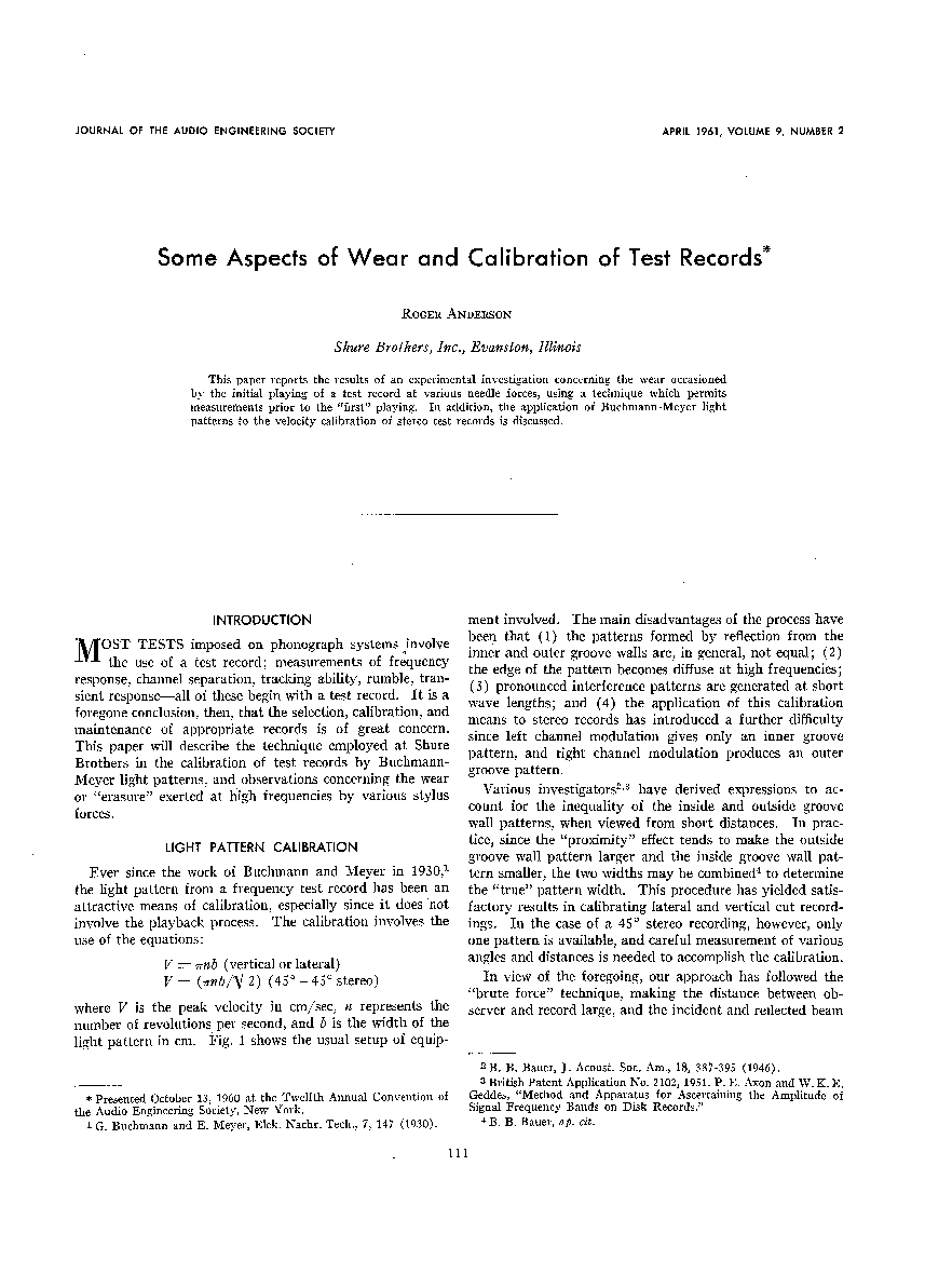 First page of “Some Aspects of Wear and Calibration of Test Records”