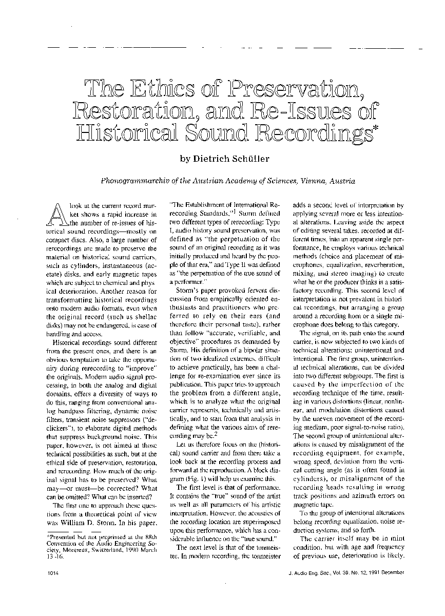 First page of “The Ethics of Preservation, Restoration, and Re-Issues of Historical Sound Recordings”