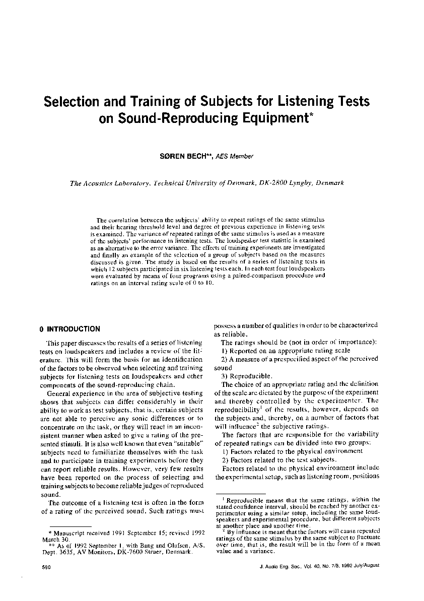 First page of “Selection and Training of Subjects for Listening Tests on Sound-Reproducing Equipment”