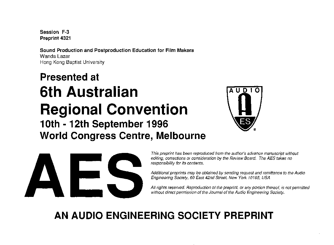 First page of “Sound Production and Postproduction Education for Film Makers”