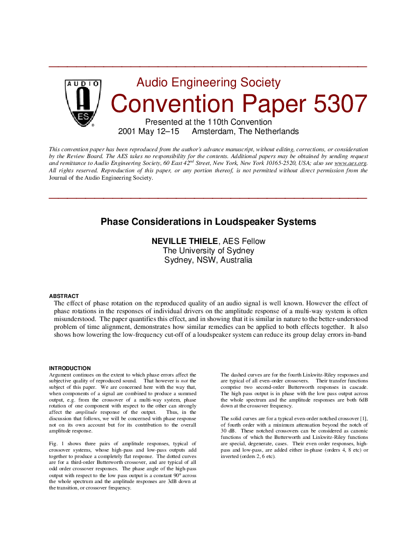 First page of “Phase Considerations in Loudspeaker Systems”
